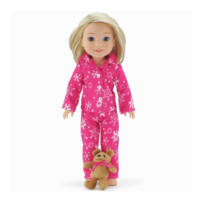 14-inch Doll Clothes - Pink Snowflake Print 2-Piece Classic Pajamas/PJs  with Teddy Bear - fits Wellie Wishers ® Dolls