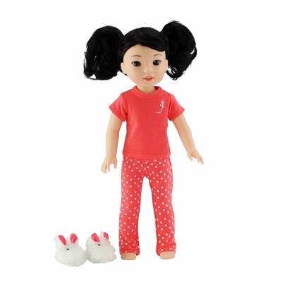 14-inch Doll Clothes - Coral Polka Dot Pajamas/PJs plus Bunny