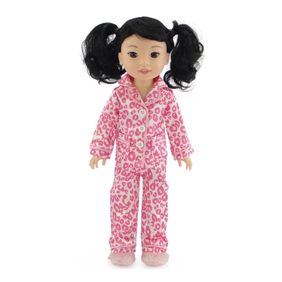 14-inch Doll Clothes - Pink Leopard Print Pajamas/PJs plus Fuzzy Slippers -  fits Wellie Wishers ® Dolls